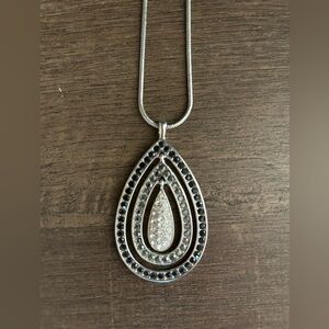 NWT Liz Claiborne Silver Teardrop Pendant Necklace Black Gray & Clear Stones
